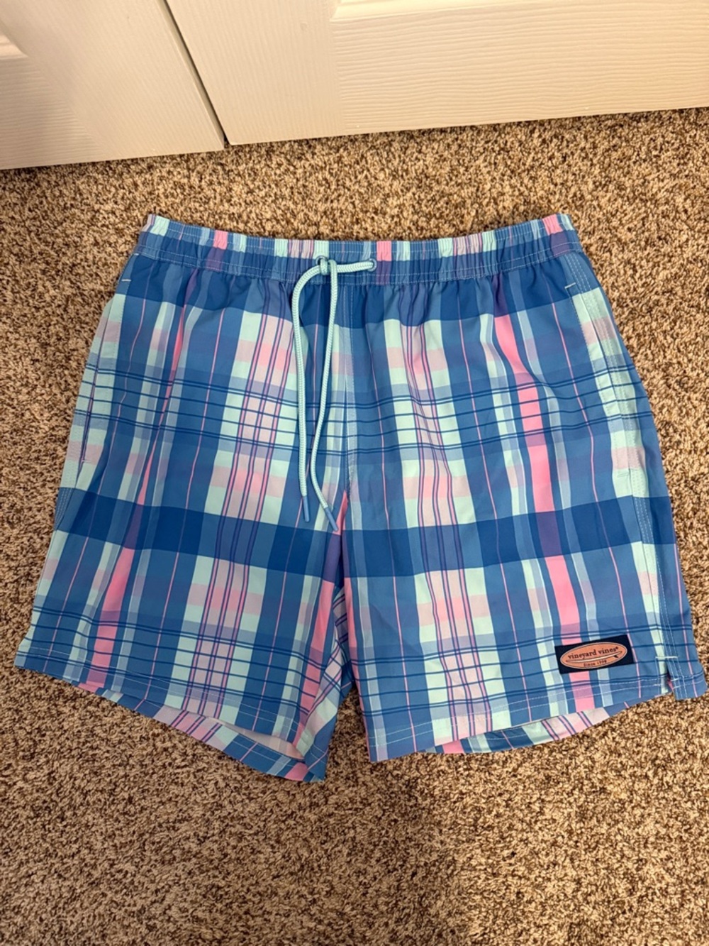 Vineyard Vines Men's Blue Plaid Swim Trunks with Pastel Accents